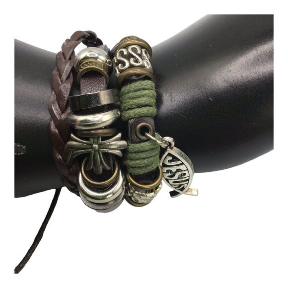 Jesus ICHTHUS Fish Charm Leather Adjustable Bracelet Set Boho Stack 6.5–7.5 in - Picture 5 of 15